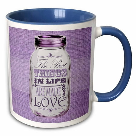 3dRose Mason Jar on Burlap Print Purple - The Best Things in Life are Made with Love - Gifts for the Cook - Two Tone Blue Mug,