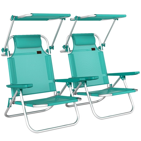 Outsunny 2 Piece Folding Beach Chairs with Adjustable Canopy, Turquoise