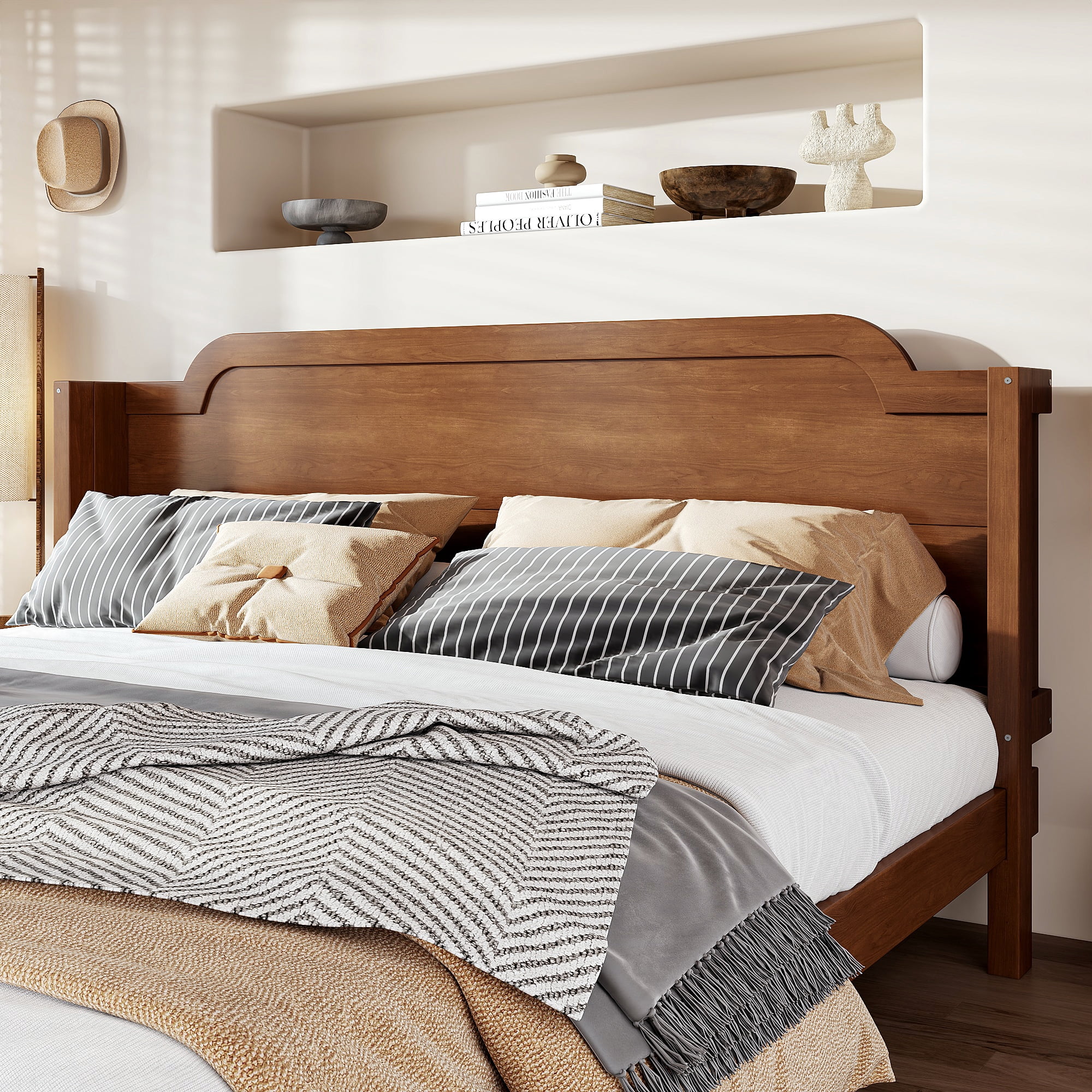 GARITIN King Solid Wood Platform Bed with Headboard, Brown Finish & Minimalist Design, Easy Assembly, No Box Spring Needed Traditional Wood Bed Frame, Brown