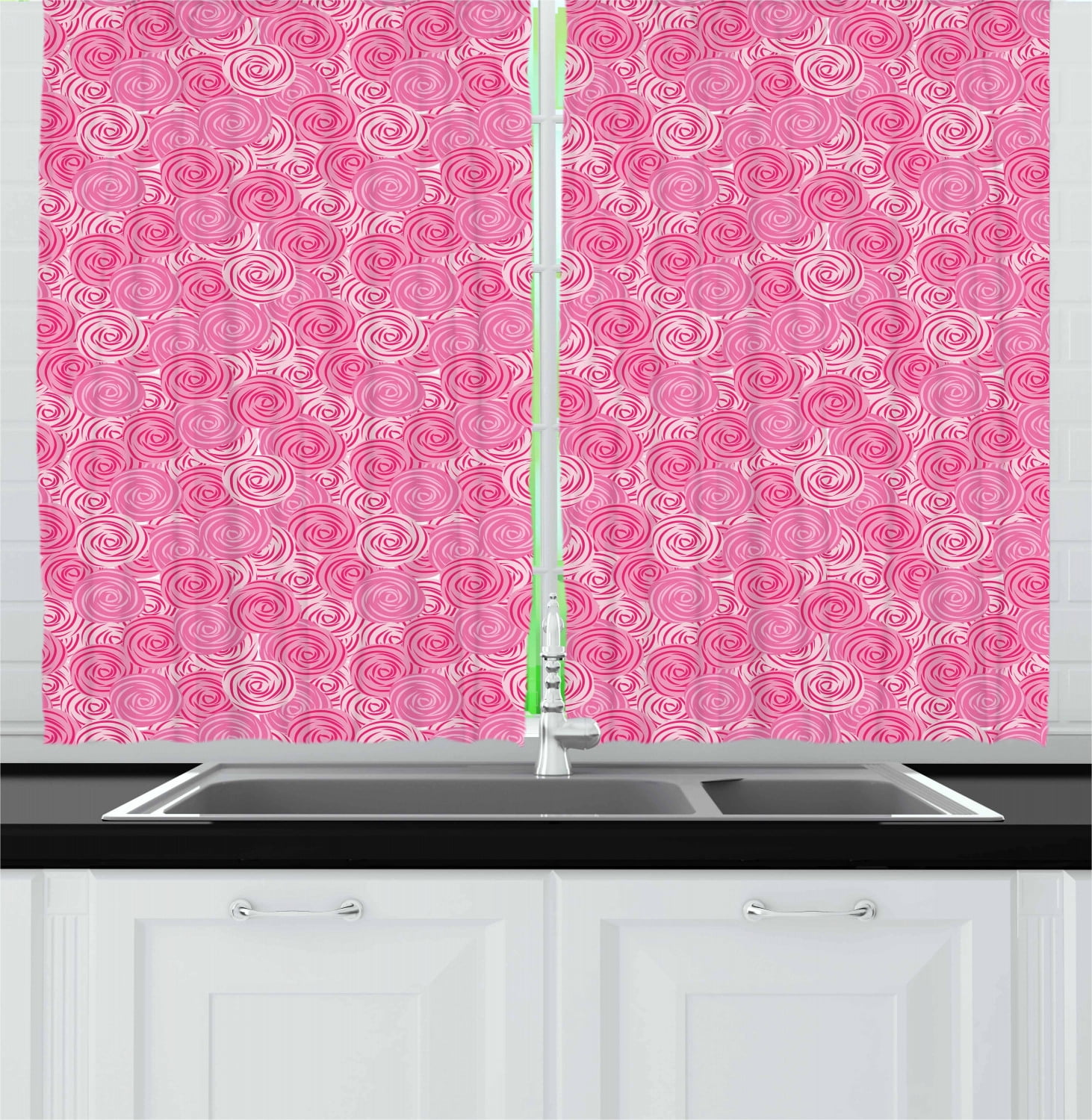 Rose Curtains 2 Panels Set, Abstract Style Round Flower Motifs Inspired by Graceful Spring