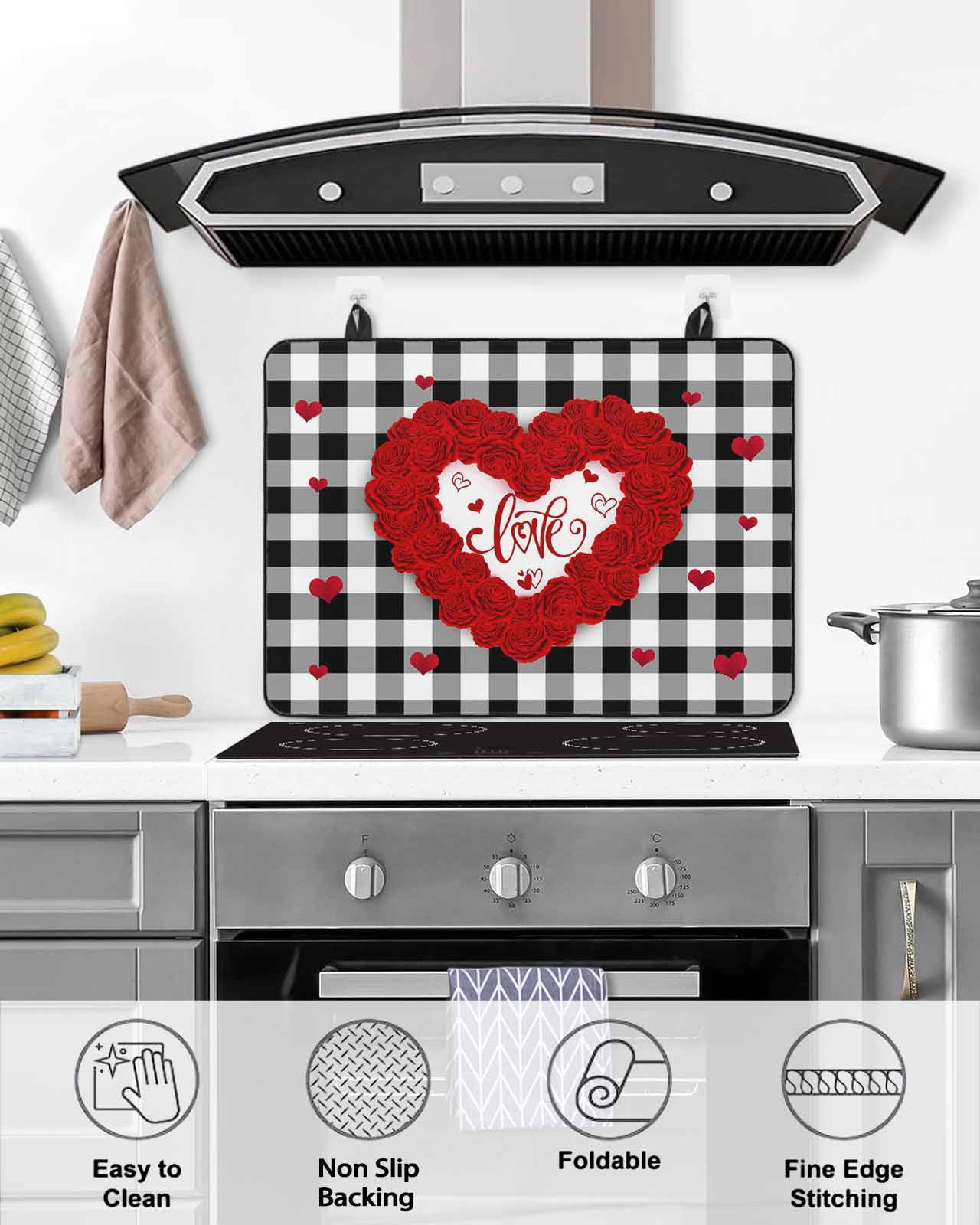 Large Induction Cooktop Protector Mat Valentine's Day Stove Top Covers for Electric Stove, Love Heart Romantic Black White Plaid Decorative Stove Burner Cover Mats, Glass Top Stove Cover
