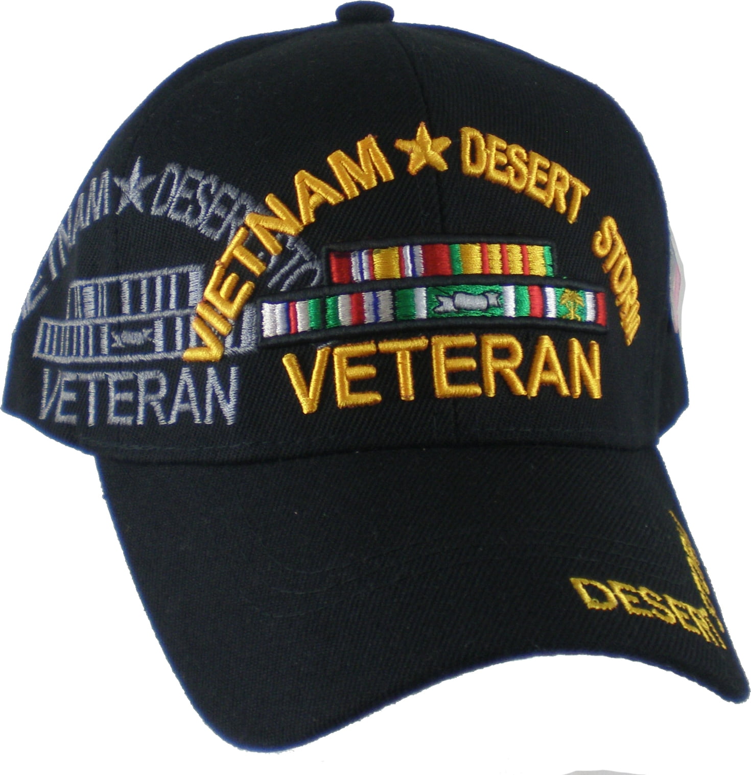 Vietnam + Desert Storm War Veteran Ribbon Shadow Mens Cap [Black Adjustable]