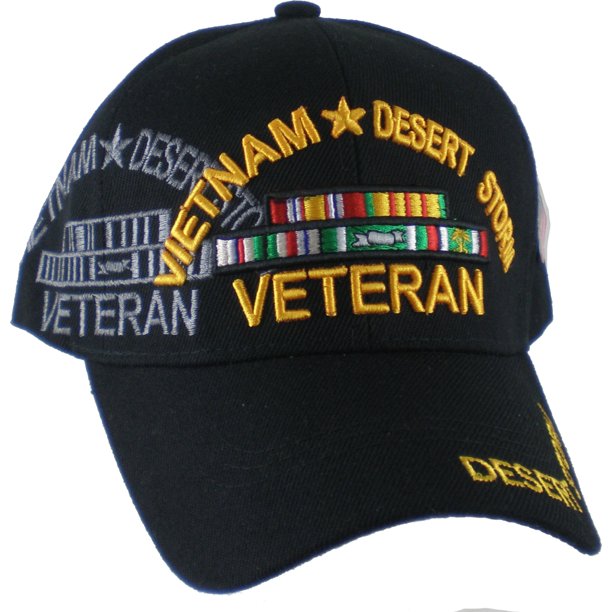 Vietnam + Desert Storm War Veteran Ribbon Shadow Mens Cap [Black Adjustable]