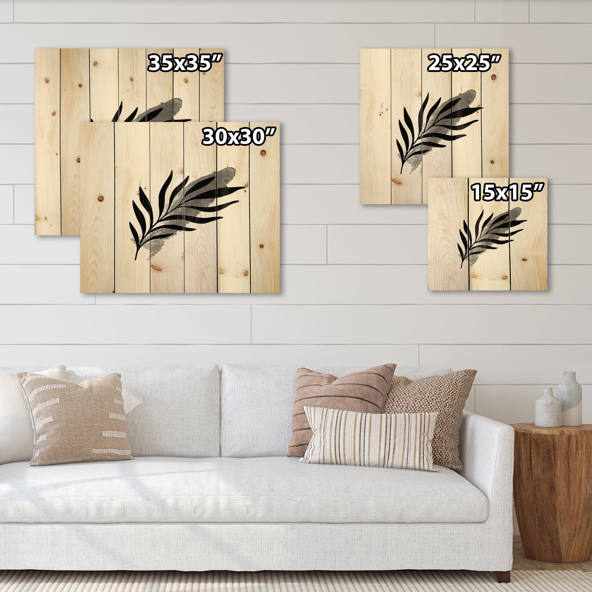 Designart 'Abstract Black Tropical Leaf I' Modern Print on Natural Pine Wood