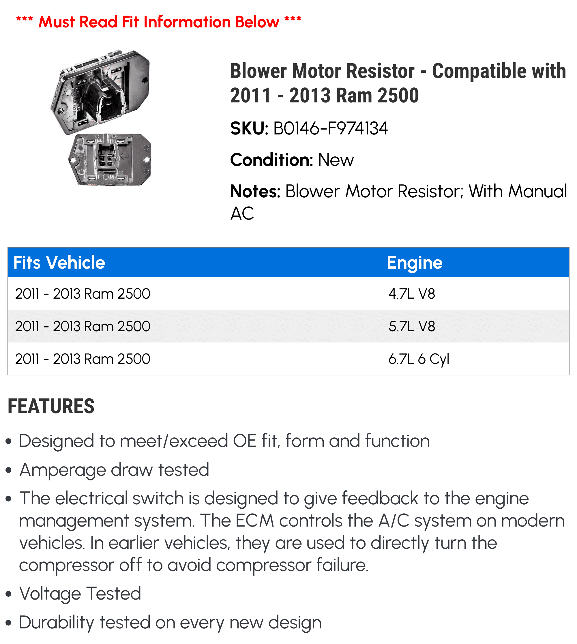 Blower Motor Resistor - Compatible with 2011 - 2013 Ram 2500 2012