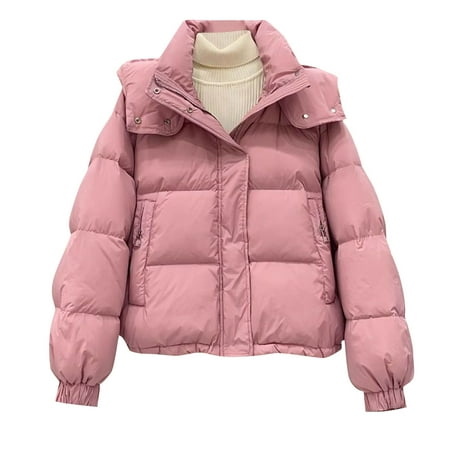 Scyoekwg Women s Cropped Puffer Jacket Coats Long Sleeve Winter Zip Up Hooded Short Warm Padded Jacket Outerwear (Pink L)