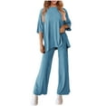 thumbnail image 3 of Scyoekwg Two Piece Outfits for Women Casual Short Sleeve Round Neck Tops Wide Leg Pants Loose Sweatsuits Sets Trendy Solid Color Tracksuit (Blue,L), 3 of 8