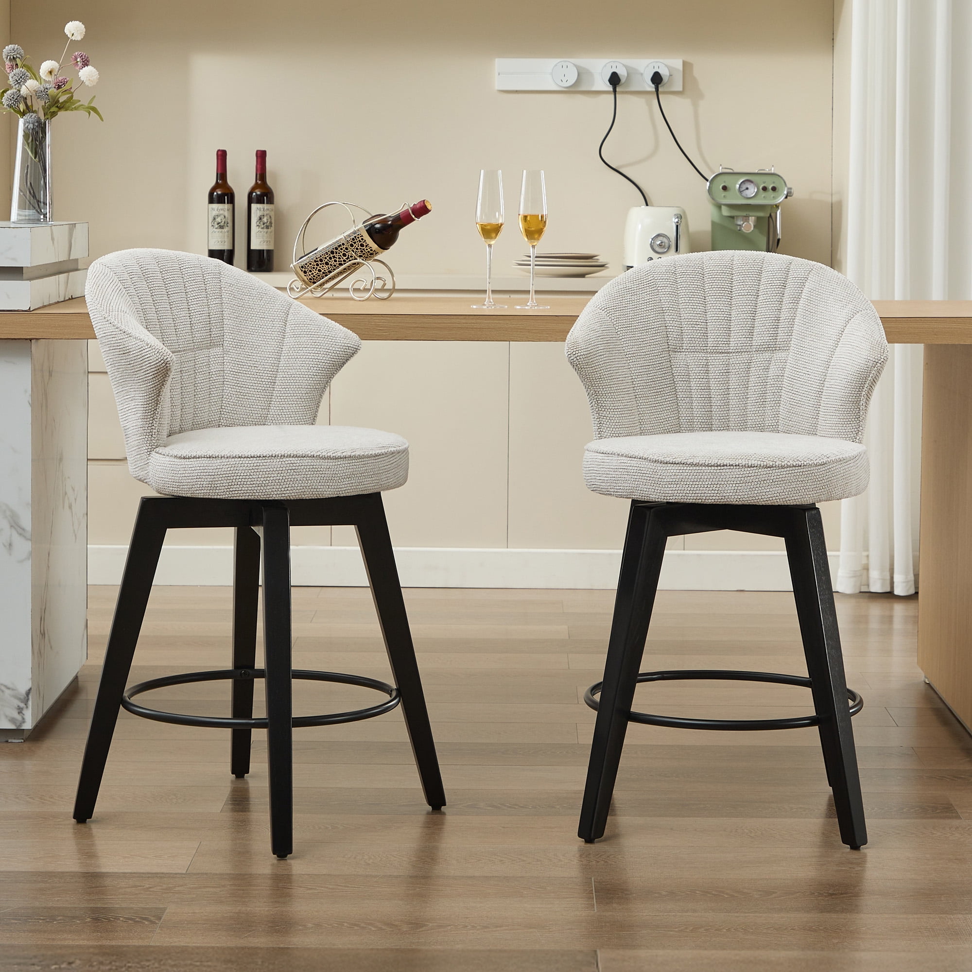 Peispie 24" Counter Height Bar Stools Set of 2, Swivel Chenille Fabric Barstools with Low Back and Metal Footrest, Modern Padded Kitchen Island Chairs for Dining Room & Home Bar, Beige
