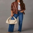 thumbnail image 3 of Women Leather Jacket  Long Sleeve Zipper Closure Bomber Jacket, 3 of 9