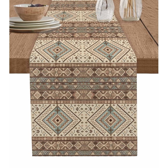 Brown Geometric Burlap Cotton Table Runner 13x72 Inches Long, Modern Ethnic Southwest Vintage Farmhouse Table Runners, Outdoor Dining Tablecloths Decor for Baby Shower/Party/Wedding