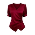 thumbnail image 6 of Pounoo Women's Tops Satin V-Neck Wrap Front Short Sleeve Blouses Elegant Office Vibe Lightweight Stretchy Slim Fit Outfits Gift, 6 of 7