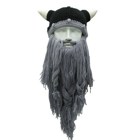 Viking Beard Beanie Hat Horns Crazy Winter Ski Cap Knitted Hat Cosplay Party Decoration Light grey