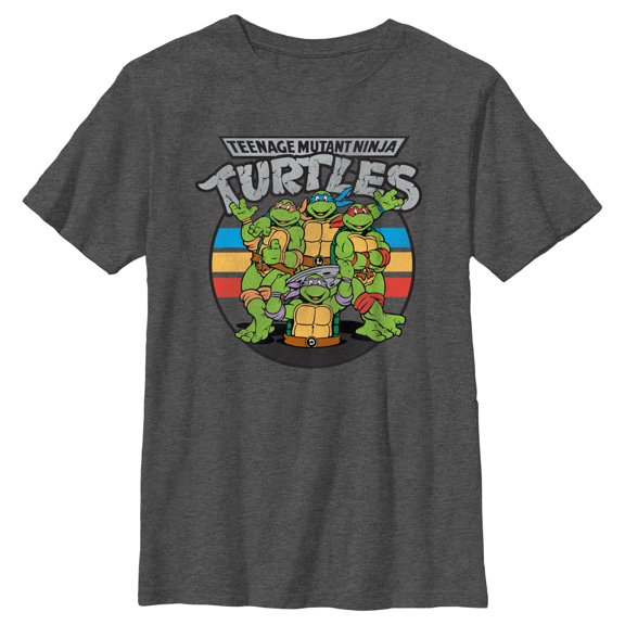Boy's Teenage Mutant Ninja Turtles Distressed Retro Striped Brothers  Graphic Tee Charcoal Heather Small