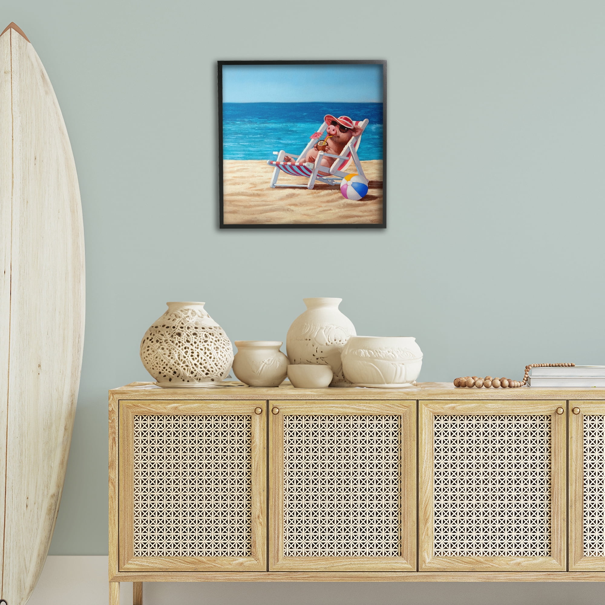 Stupell Industries Pig with Beach Cocktail Novelty Painting Black Framed Art Print Wall Art, 24 x 24