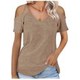 thumbnail image 1 of Camiseta de manga corta sólida de verano para mujer con hombros descubiertos y cuello en V informal con cordones OAVQHLG3B Store lin121212, 1 of 5