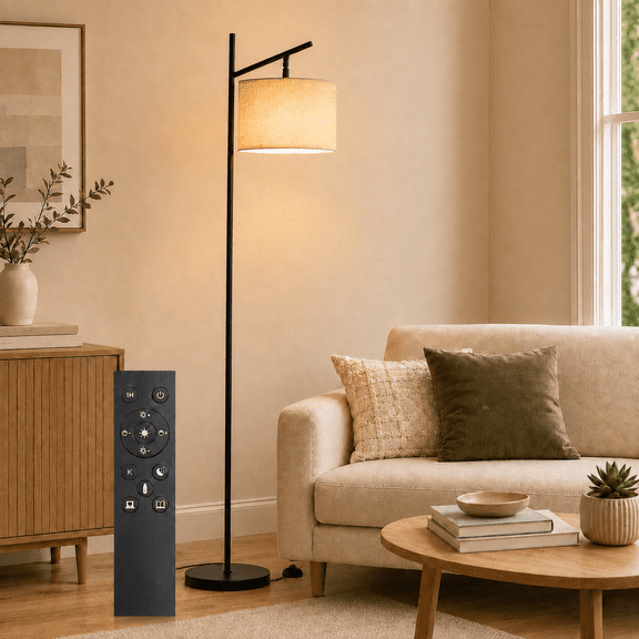 64" Floor Lamp with Remote Control 3 Color Temperatures, Dimmable Standing Lamp with Stepless Dimming, Fabric Shade & Bulb Included, Modern Tall Lamp for Living Room Home Office Corner, Black