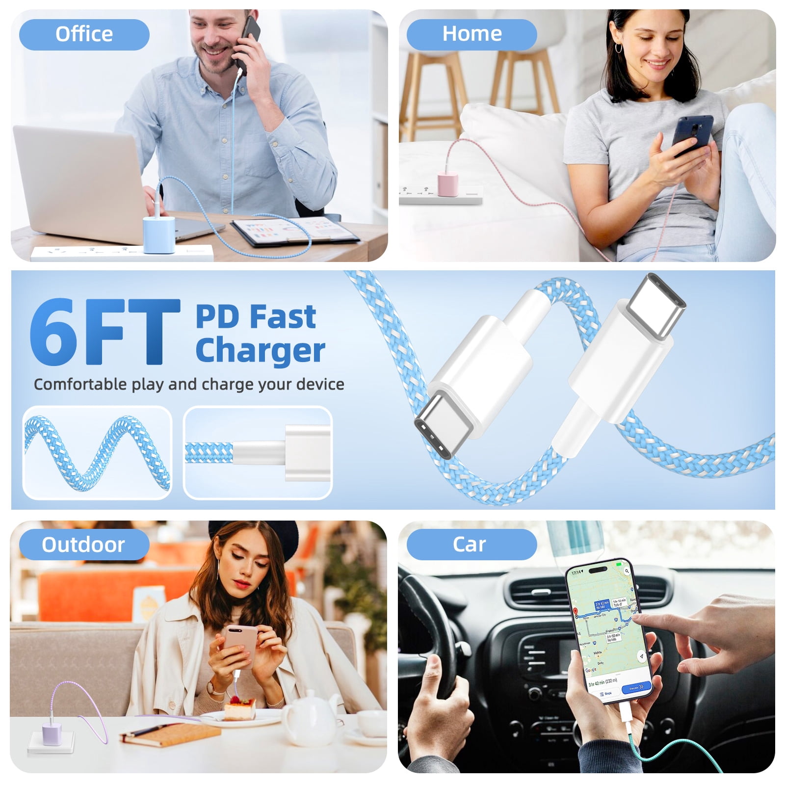 Phone Charger Fast Charging Type C Charger USB C Charger Block 3Pack 6FT Charging Cable for Phone Fast Charger Compatible with i-Phone 16/16 Plus/16 Pro/16 Pro Max/i-Phone 15/15 Pro Max/iPad and More