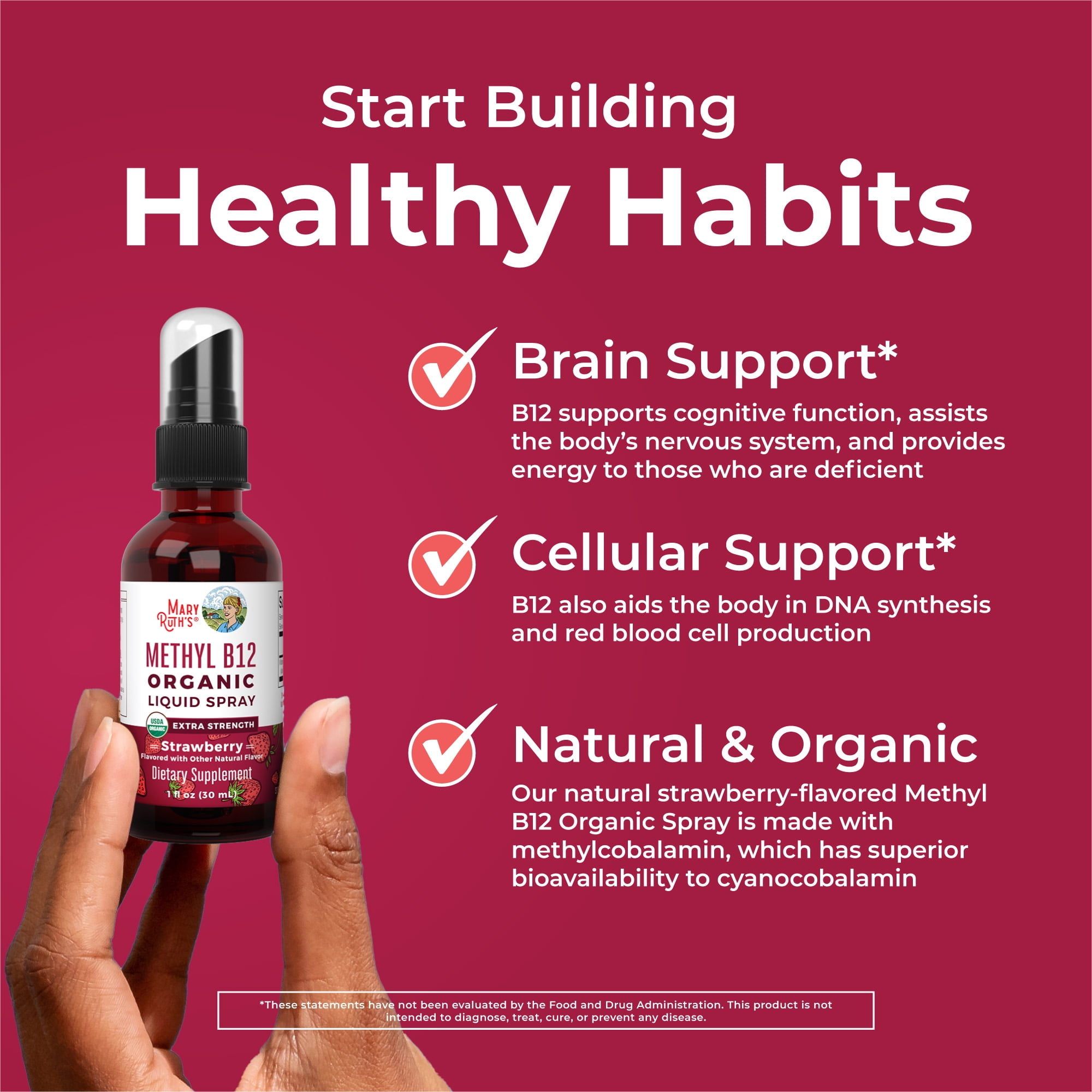 MaryRuth's Methyl Vitamin B12 Letter Vitamins Liquid Spray USDA Organic Strawberry Vegan Gluten-Free 1-Count 1 fl oz