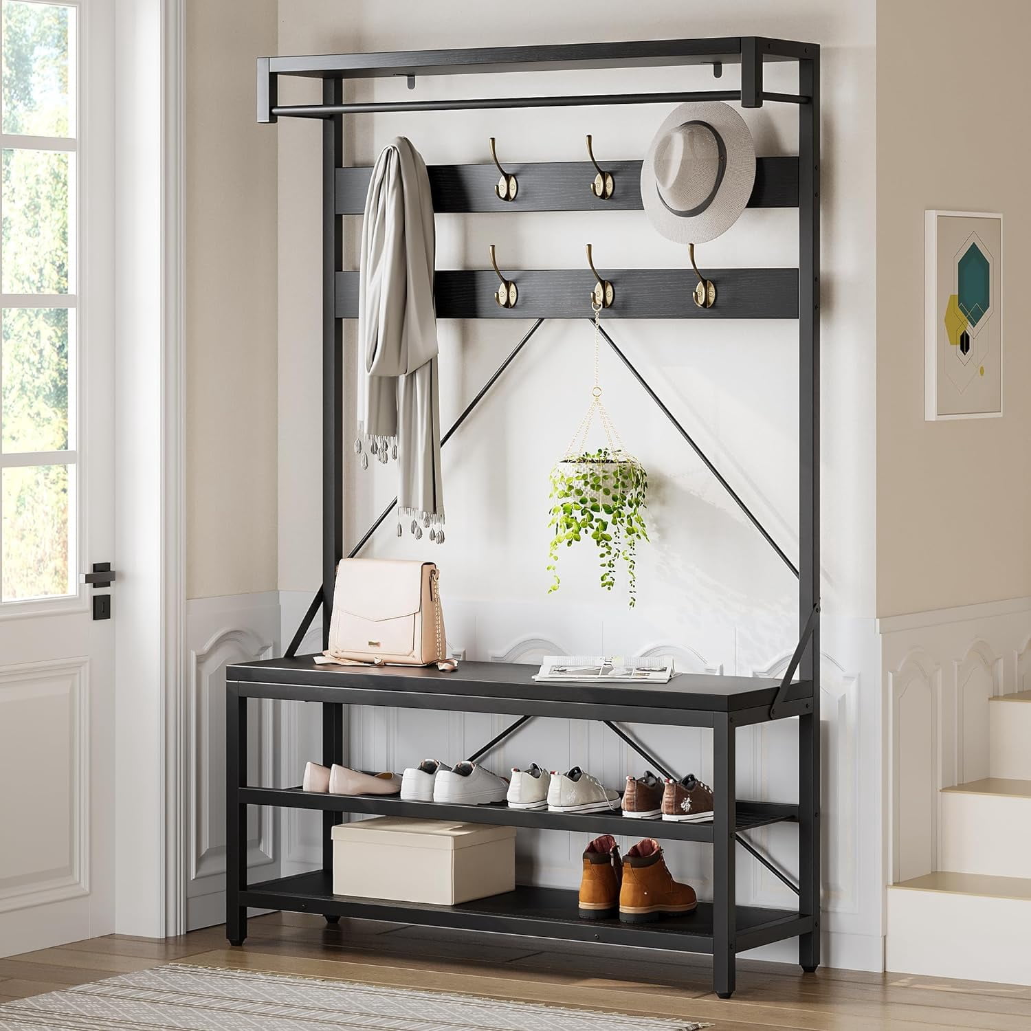 EastVita Coat Rack Shoe Bench Industrial Hall Tree Storage Bench for Entryway Wood Look Accent Large Shoe Rack Bench with Storage Shelf Hanging Bar,8 Hooks Grey 39.9"x15.7"x72"