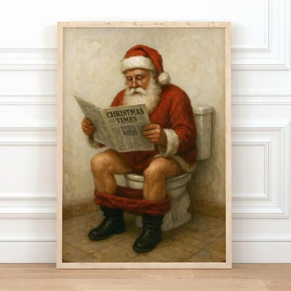 Santa on Toilet Poster, Vintage Christmas Painting Wall Art Poster, One Sheet Wall Size 24''x36''