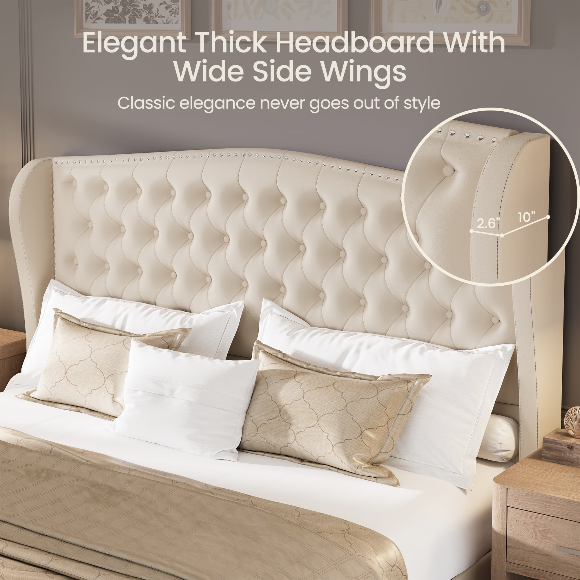 Breltam King Size Bed Frame Velvet Upholstered Platform Bed with Wingback Headboard, Beige