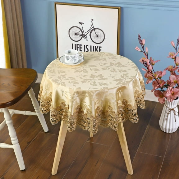 Gold Small Round Lace Embroidery Tablecloth End Side Card Table Cover Kitchen Dining Room Tabletop Decorations 35 inch