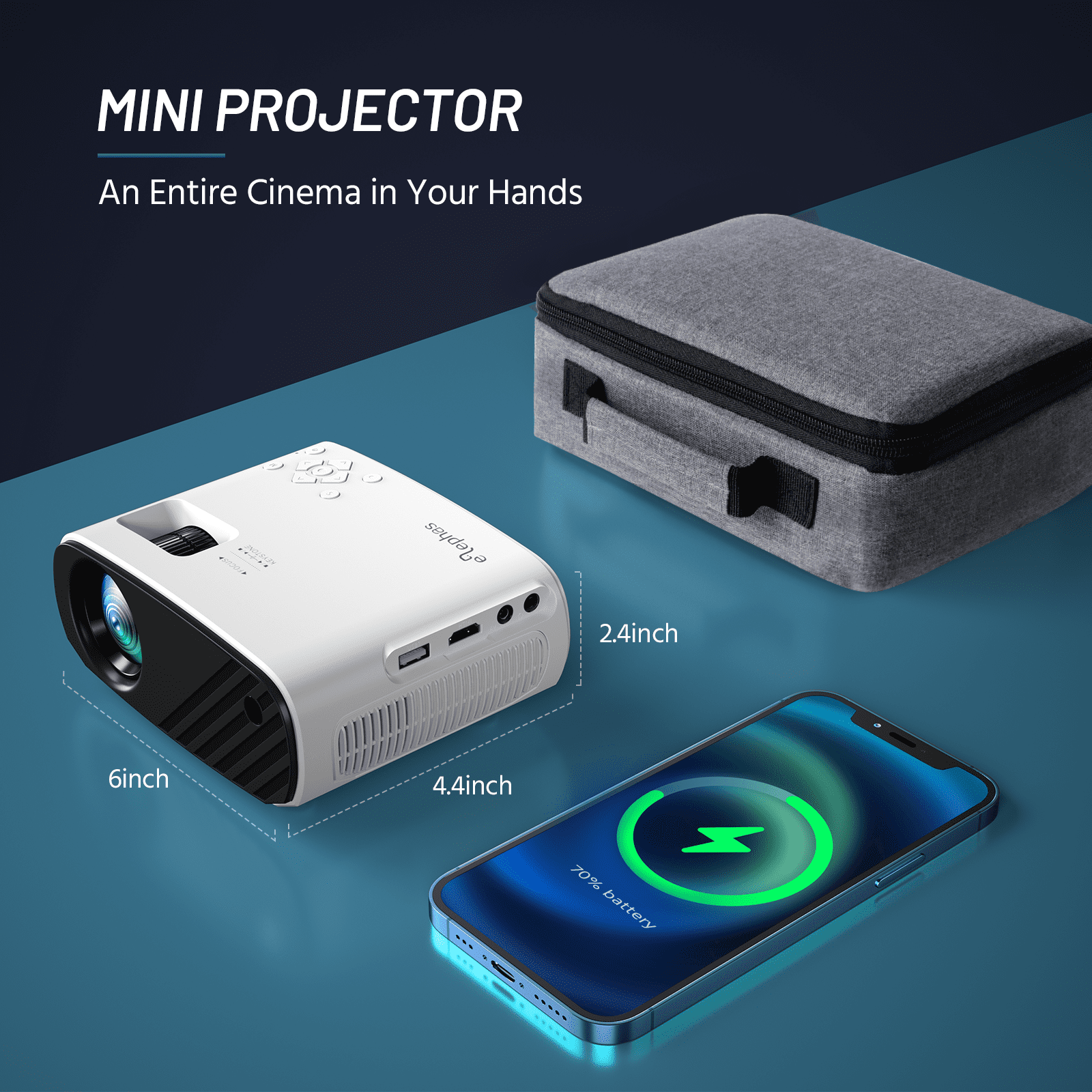 Mini Projector, Portable Projector 1080P, Movie Projection Compatible with Android/IOS White 1PC