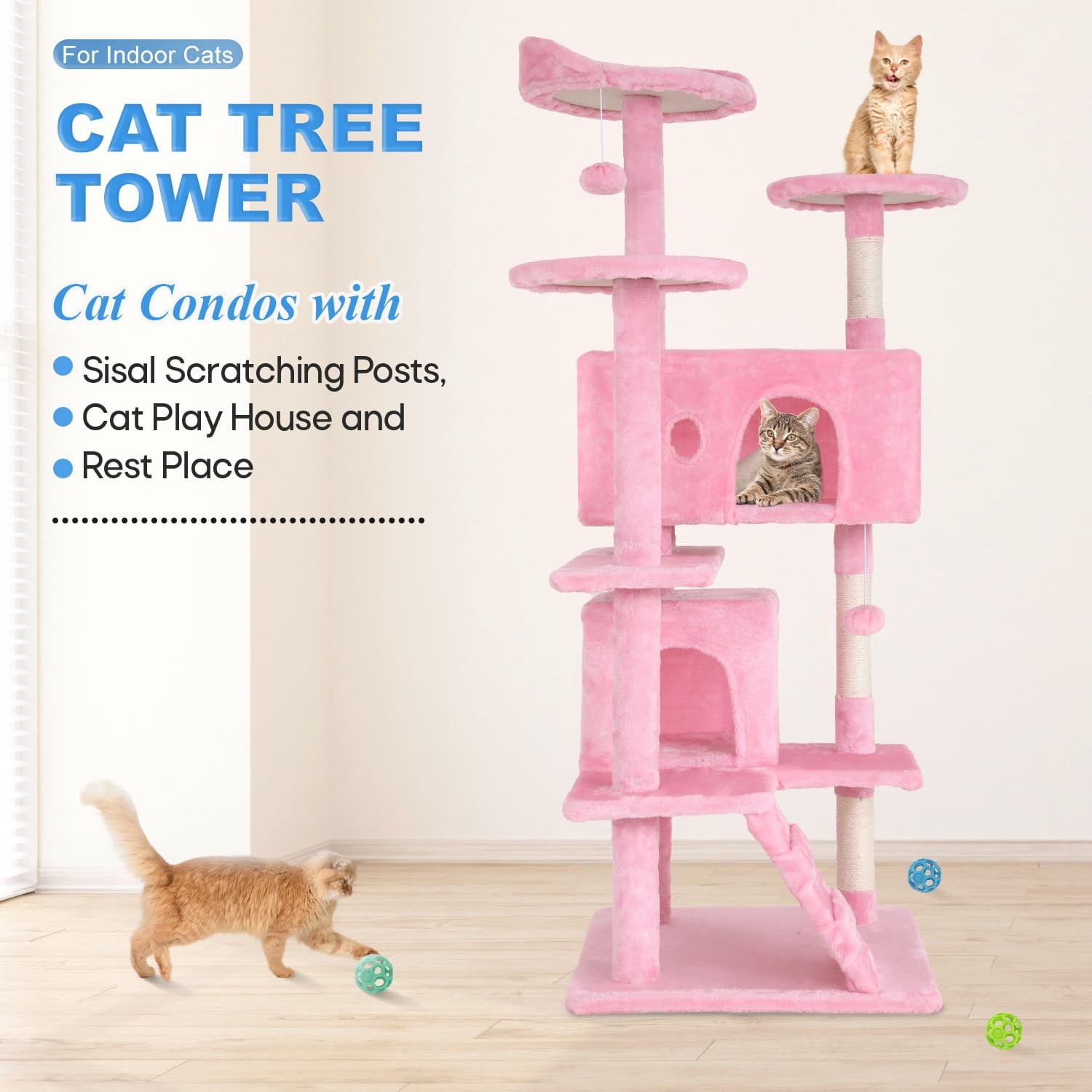 Large Multi-Level Cat Tree, 70 Inches Tall with Sisal-Covered Scratching Posts, Condo, Dangling Ball, and Extended Platform for Cats to Play and Sleep,Pink