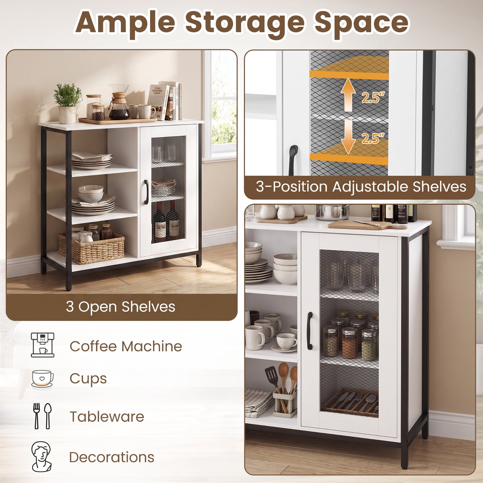 Furnibear Industrial Side Cabinet with Metal Mesh Door and 3 Open Shelves Narrow Buffet Sideboard Storage for Kitchen Dining and Living Room, White