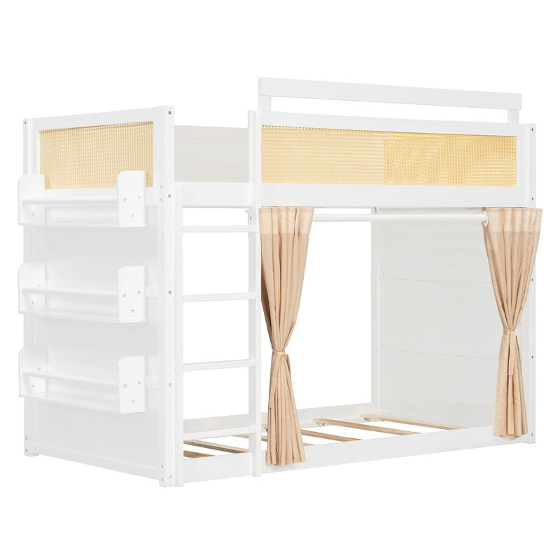 Twin Size Bunk Bed with 3-Tier Storage Shelf, Rattan-Style Design, Privacy Curtains and Built-In Light Strip, Modern Wood Twin Over Twin Bunk Bed Frame with Ladder for Kids Teens