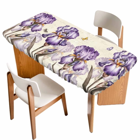 Purple Iris Table Cloths for 4 Foot Rectangle Tables, Spring Vintage Butterfly Leaves Flowers Beige Patio Waterproof Elastic Fitted Tablecloths, Washable Rectangular Table Cover for Camping