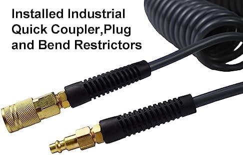Polyurethane Recoil Air Hose 3/8" Inner Diameter by 25' Long with Bend Restrictor, Repairable 1/4" Industrial Quick Coupler and Plug, Gray