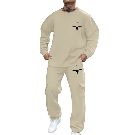 LIIPEE Men Outfits Graphic Printed Long Sleeve Round Neck Pullover Tops Pants Set Man Trendy Casual Daily Party Photoshoot Outfit,Khaki,Xl