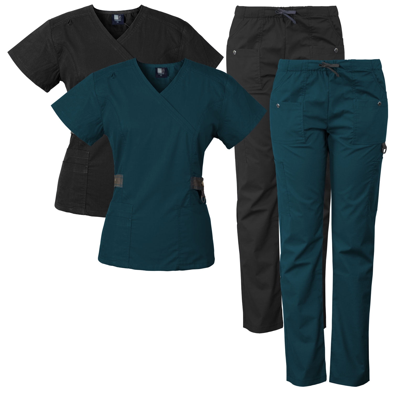 2PACK Medgear 12Pocket Women's Scrub Set with Silver Snap Detail & Contrast Trim