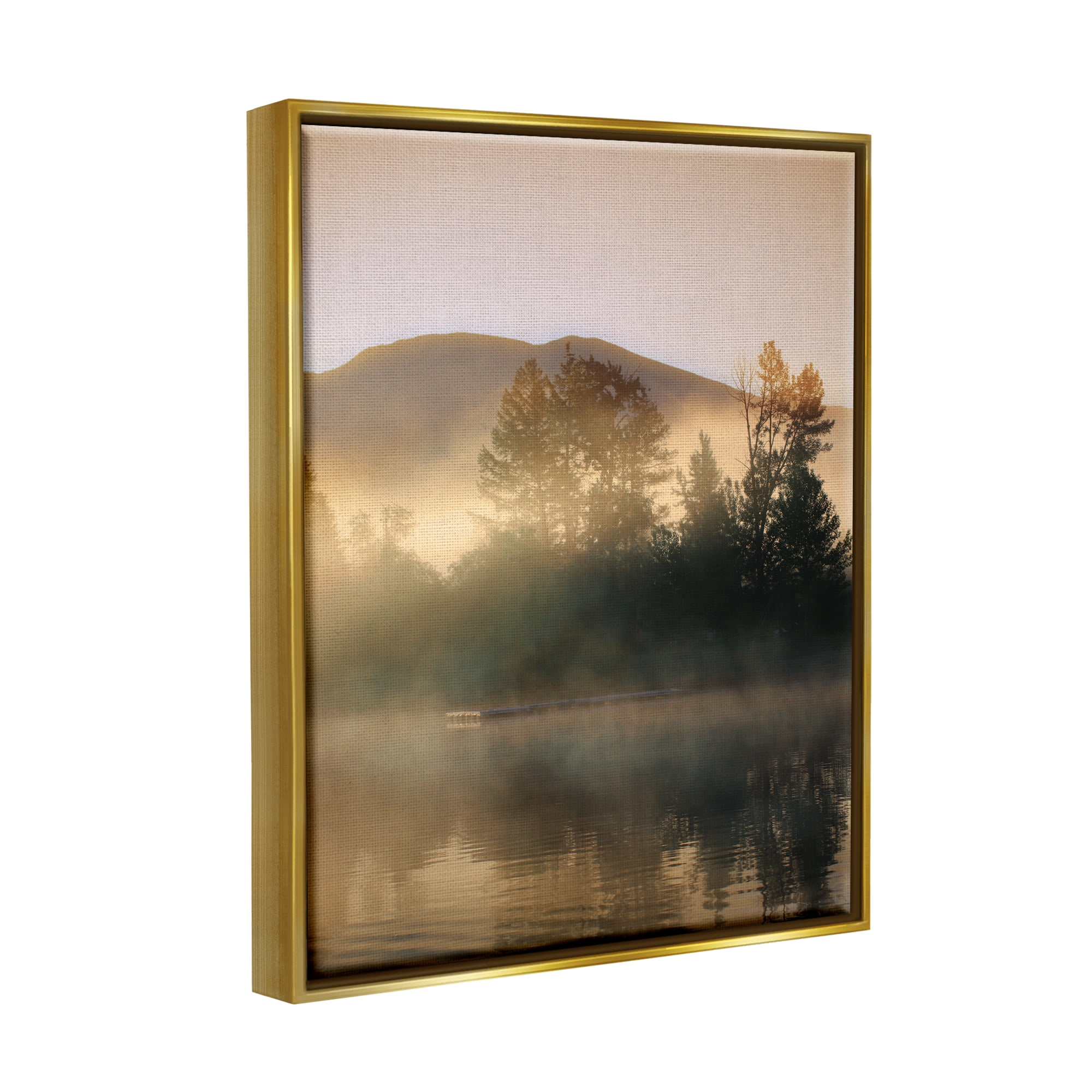 Stupell Industries Dock in Foggy Lake Landscape Photography Gold Floater Framed Canvas Art Print Wall Art, 17 x 21