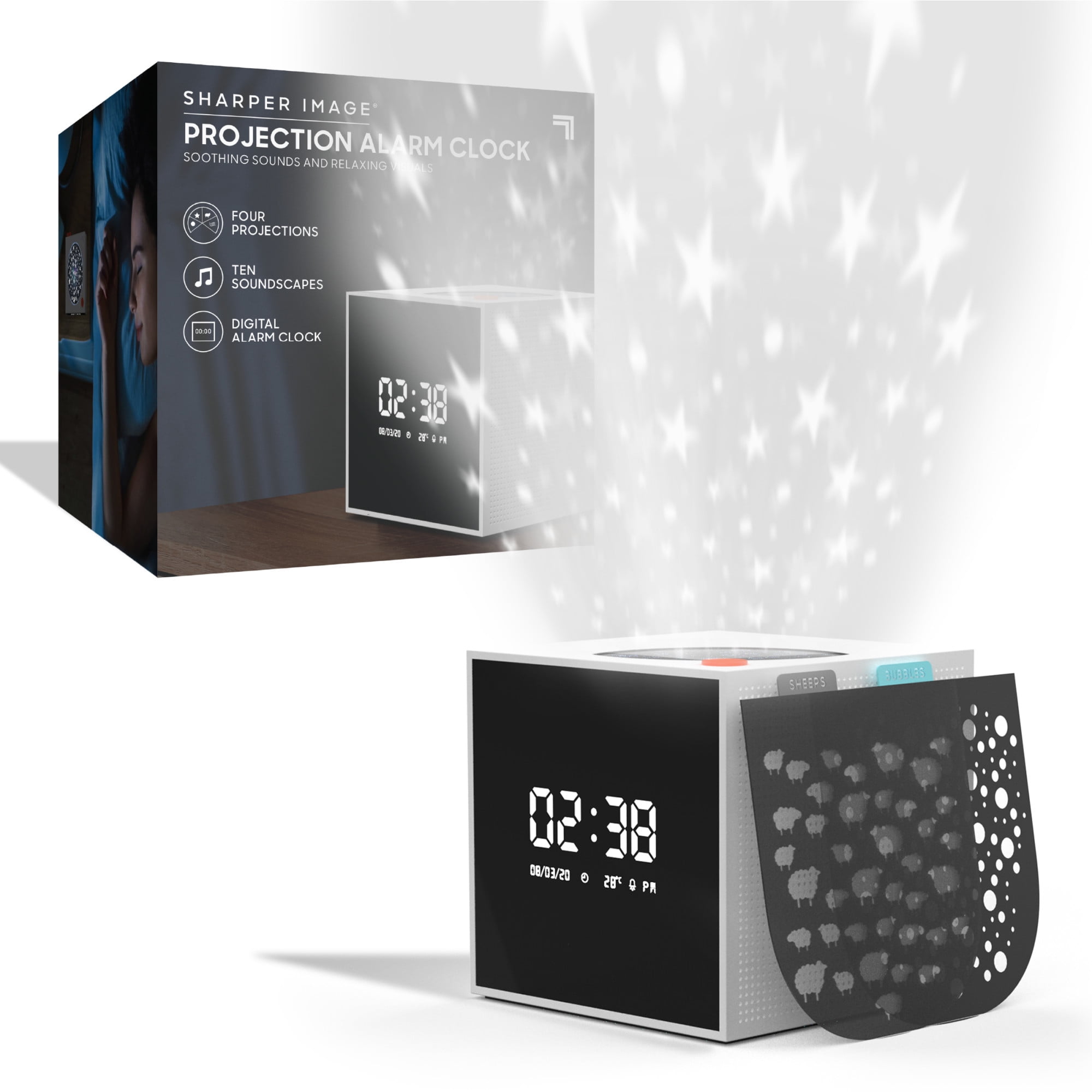 Sharper Image® Projection Alarm Clock With Soothing Sounds and Relaxing Visuals, 4 Projections & 10 Soothing Soundscapes, Full-Function Digital Alarm Clock, Project Color-Changing Stars