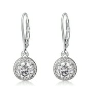 AMY AND ANNETTE Genuine Crystal Halo Leverback Earrings in 18K White Gold