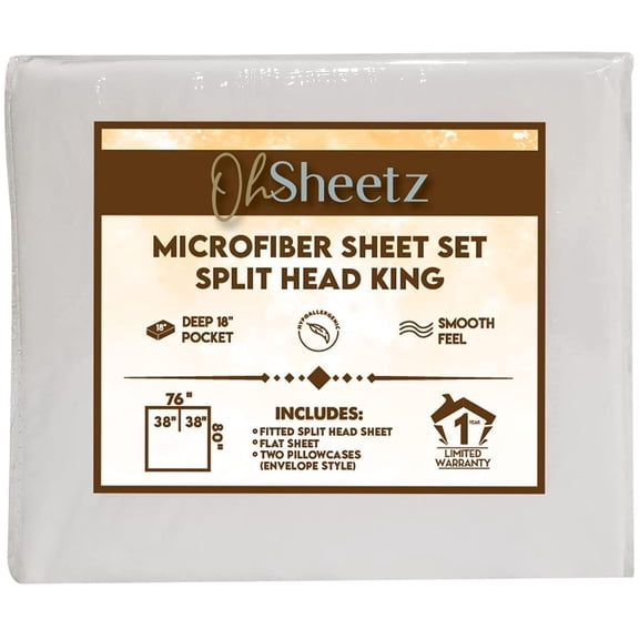 Oh Sheetz Flex / Split Top King Microfiber Bed Sheet Set with King Pillowcases - Flex Style Split Head Fits Up to 34" & Deep Pocket 18" Mattresses - Traditional White