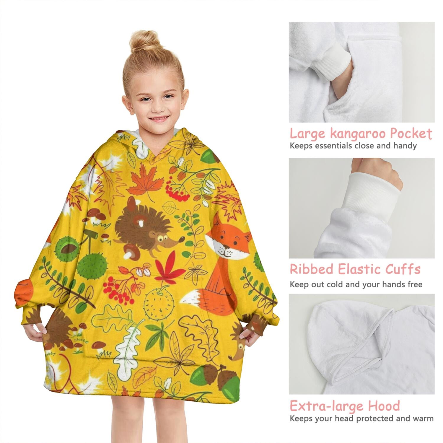 Cute Hedgehogs Animals Pattern Blanket Hoodies for Kids 6-13YR Oversize Wearable Blanket Hoodies for Boys Girls Teens