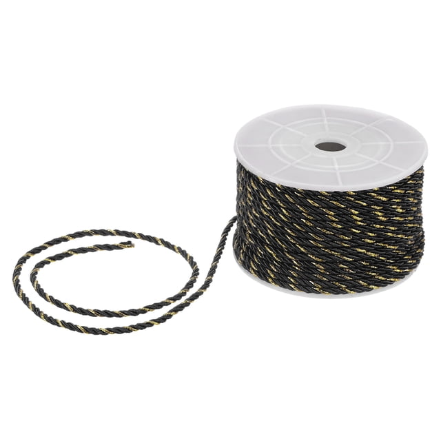Uxcell 22 Yards Soft Twisted Rope Trim, 3mm/0.12" Black and Gold Polyester Twisted Silk Rope Cord for DIY Craft