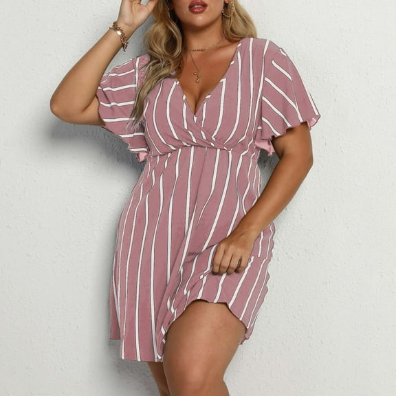 Dyfzdhu Summer Dresses For Women Plus Size Striped Print Wrap V Neck Short Sleeve A Line Dress