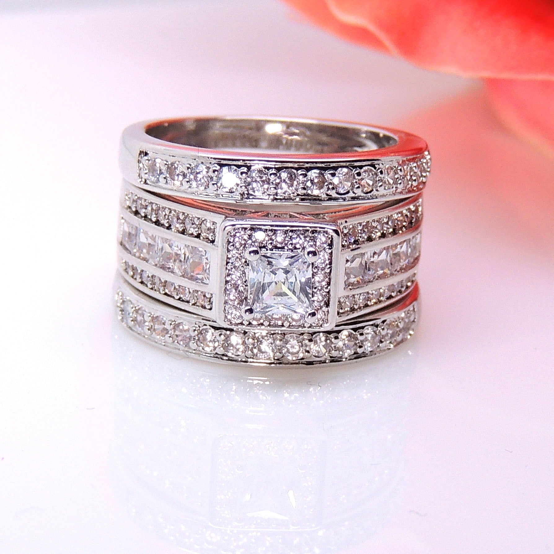 Taylor Wedding Ring Set for Women 3pc Halo Engagement Bridal Bands Cz Ginger Lyne Collection