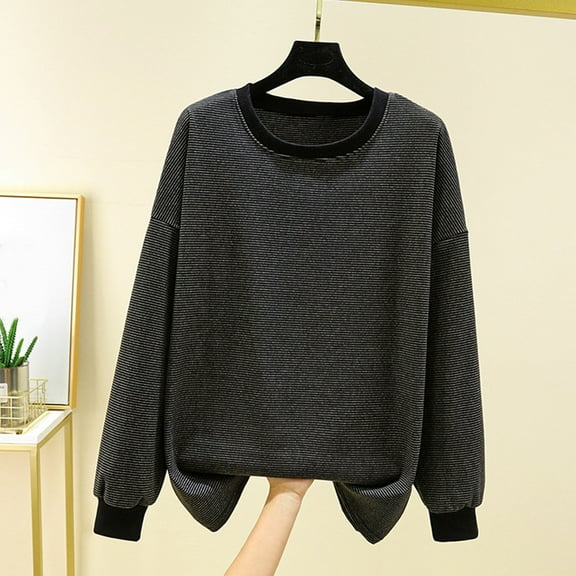 Womens Fine Striped Round Neck Velvet Undershirt Long Sleeve Thermal Base Layer Soft Warm Lining Top