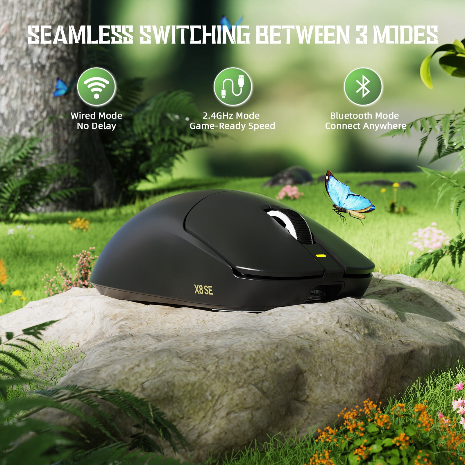 ATTACK SHARK X8SE Mouse for Large Hand, 55g SUPERLIGHT, PixArt PAW3311 Gaming Sensor, BT/2.4G Wireless/Wired, Adjustable DPI up to 25000, 500mAh Battery (Black)