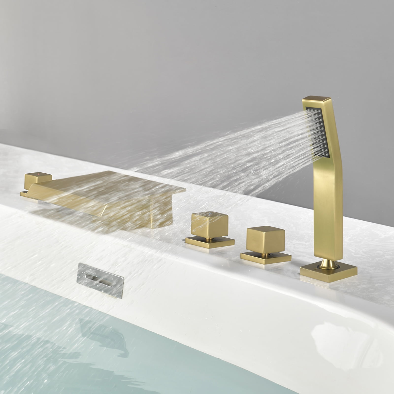 Cobbe 5-Hole Deck Mount Bathroom Bathtub Faucet with Hand Shower, 7.87-Inch and Wide Waterfall Spout Brushed Gold