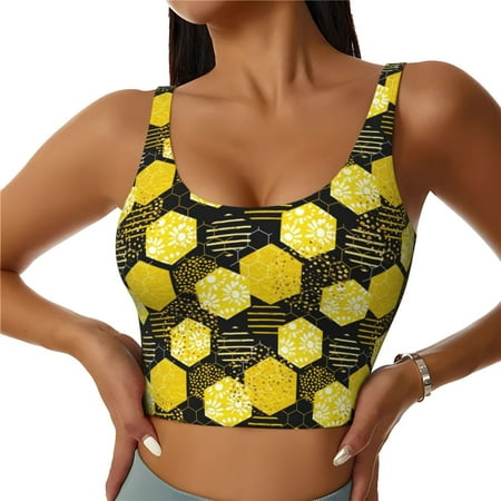 Jgfou Geometric Pattern with Bee Print Womens Sports Bra - Padded Workout Sports Bras Crop Tank Top