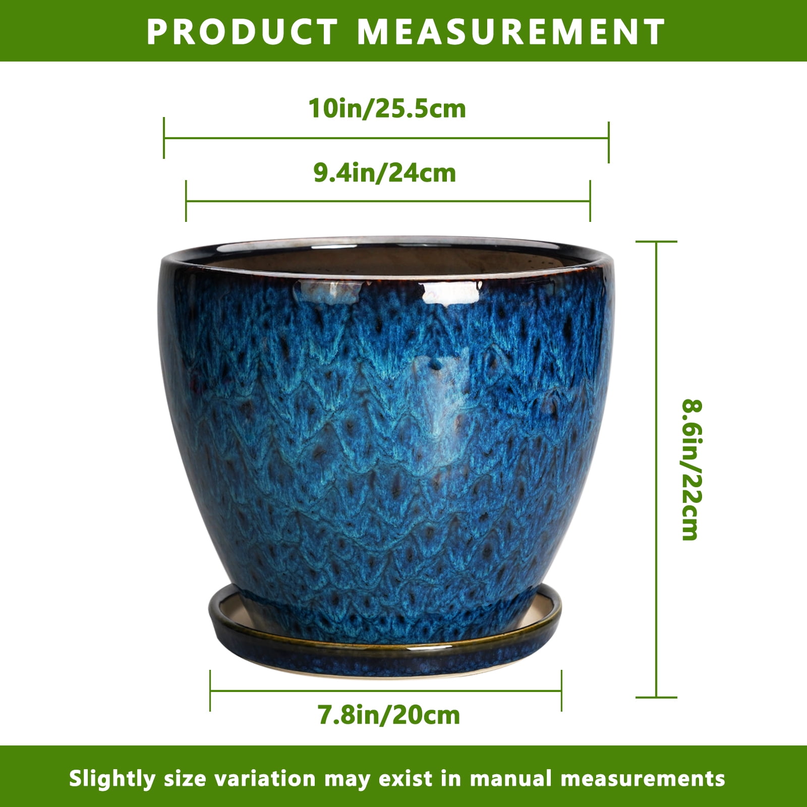 EPFamily 8 inch Blue Ceramic Pot for Plants, Round Ceramic Planter with Saucer & Drainage for Indoor Outdoor, Home Decor & Patio, Reactive Glaze
