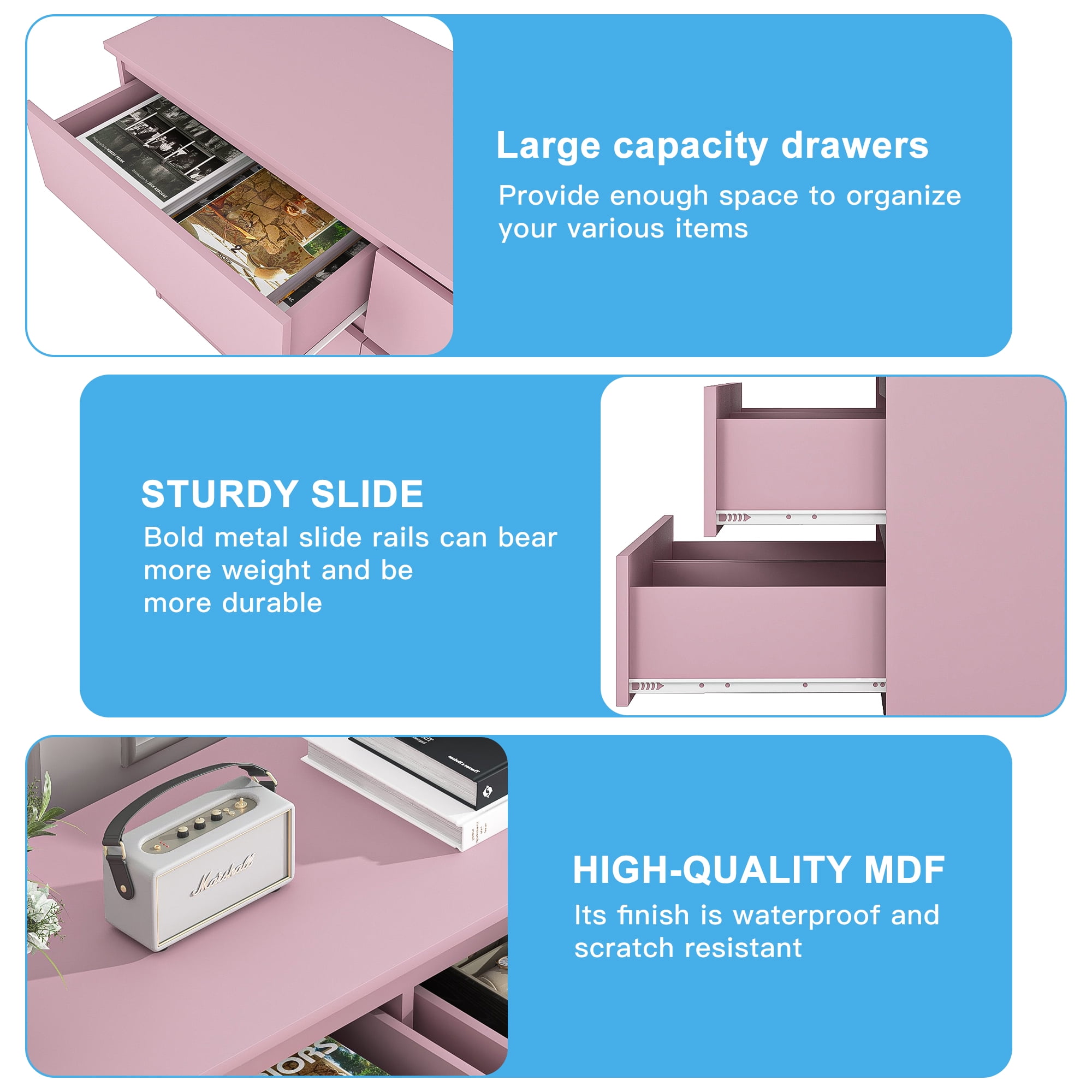 Demi Bonn 6 Drawer Double Dresser, Modern 6 Chest of Drawers with Deep Drawers, Wide Storage Organizer Cabinet for Living Room, Pink