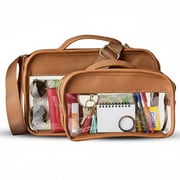 Walmart Travel Bag Set, Clear Bag Brown Leather, Makeup Bag and Toiletry Organizer Clear Stadium Bag Style, 2 Piece