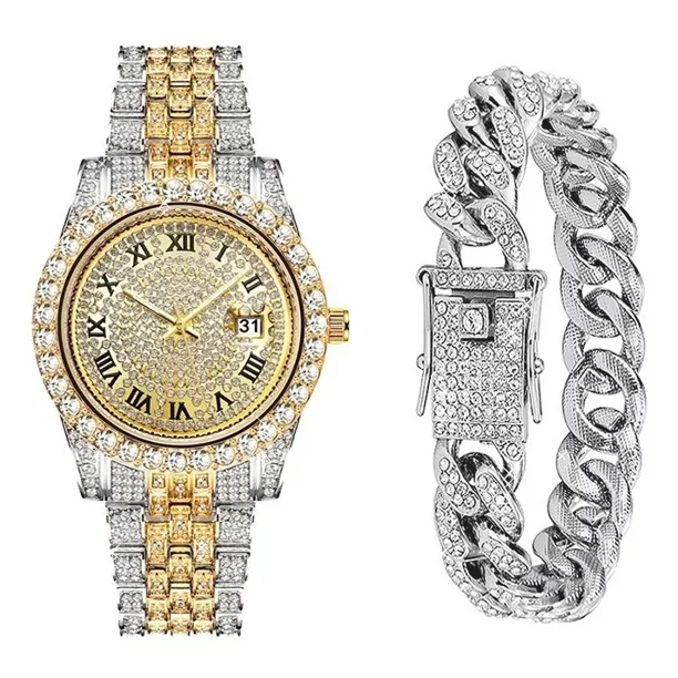 Reloj De Pulsera De Moda Con Fecha Y Diamantes Para Hombre Color De La Correa Watch + Silver Bracelet